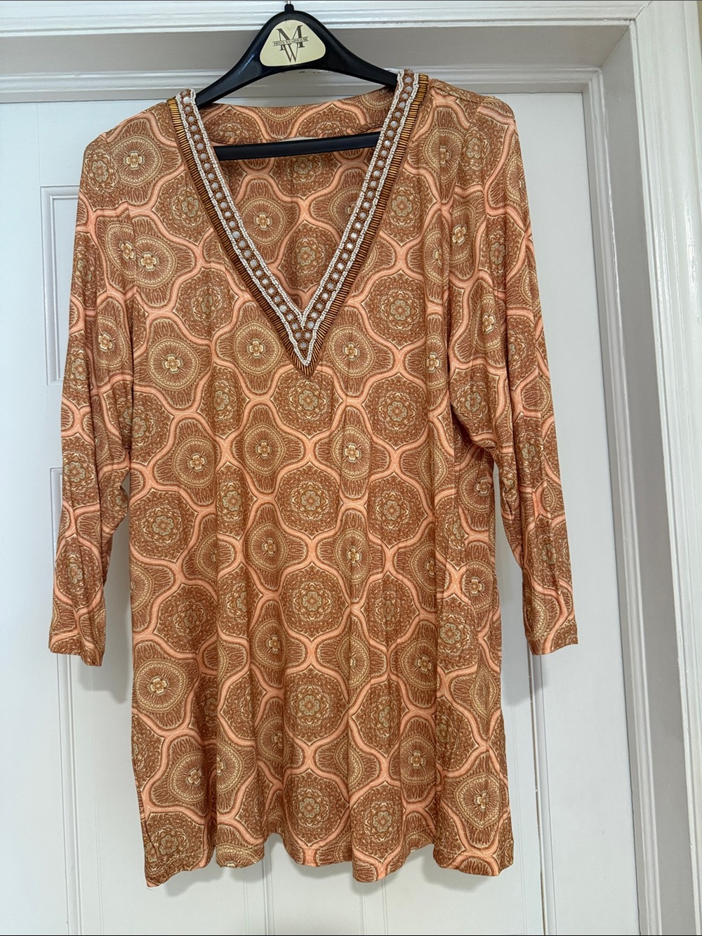 Soft Surroundings Peach and Brown Beaded V-Neck Tunic